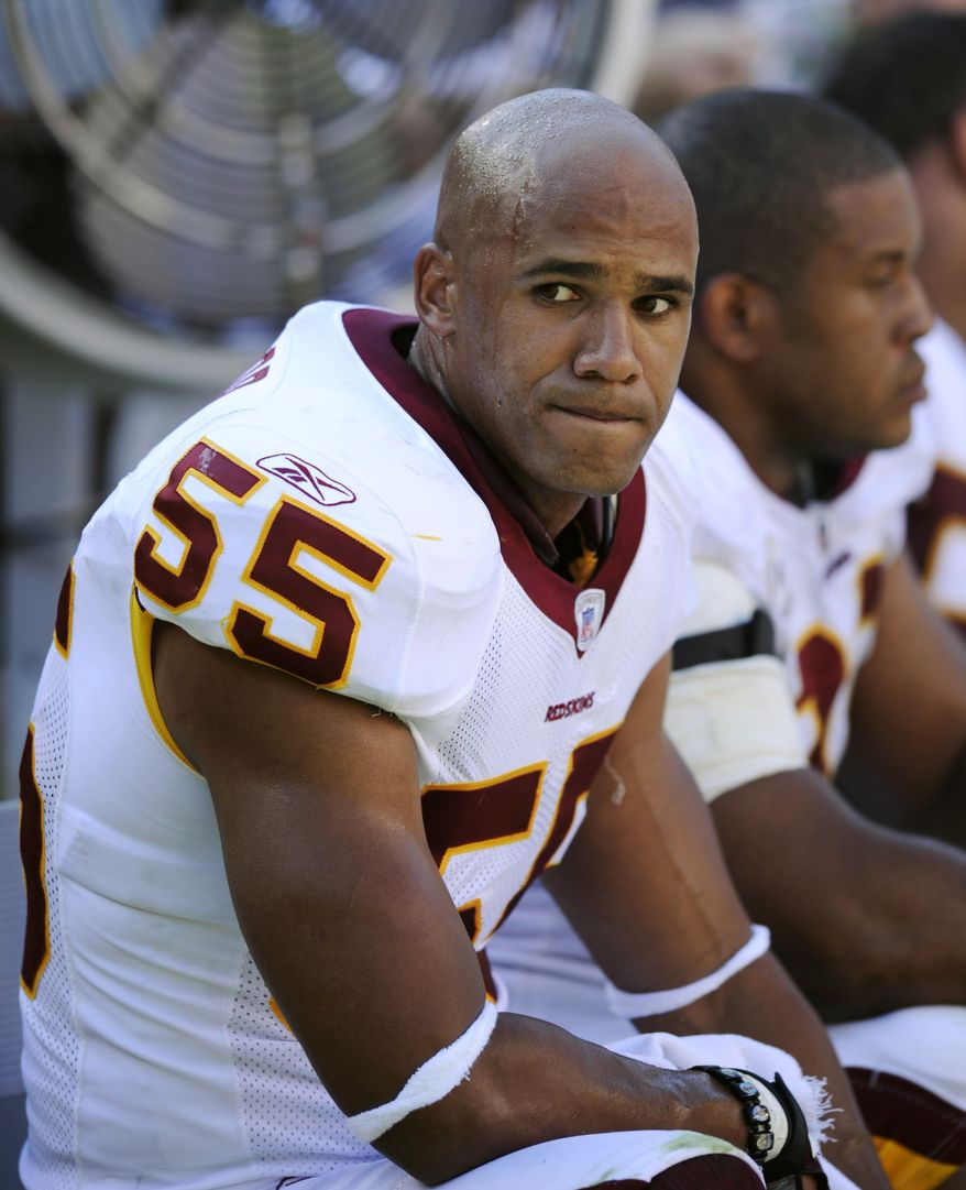 In this Oct. 12, 2008, file photo, Washington Redskins linebacker Jason