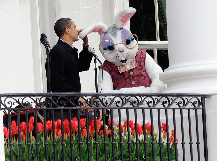 Mr. Obama jokes around with the Easter Bunny after the balcony microphone stopped working.
