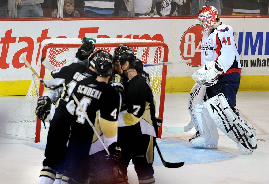 Peter Lockley / The Washington Times
Washington's Simeon Varlamov gave up five goals on 28 shots as the Penguins rallied to tie their series with the Capitals at two games apiece.