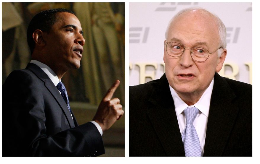 In May 21, 2009 file photos President Barack Obama, left, delivers an address on national security, terrorism, and the closing of Guantanamo Bay prison, Thursday, May 21, 2009, at the National Archives in Washington. Former Vice President Dick Cheney speaks at the American Enterprise Institute in Washington, Thursday, May 21, 2009. The speeches conveying two radically different views of America's fight against terrorism and the nation's values unfolded in separate halls, minutes apart. (AP Photo)