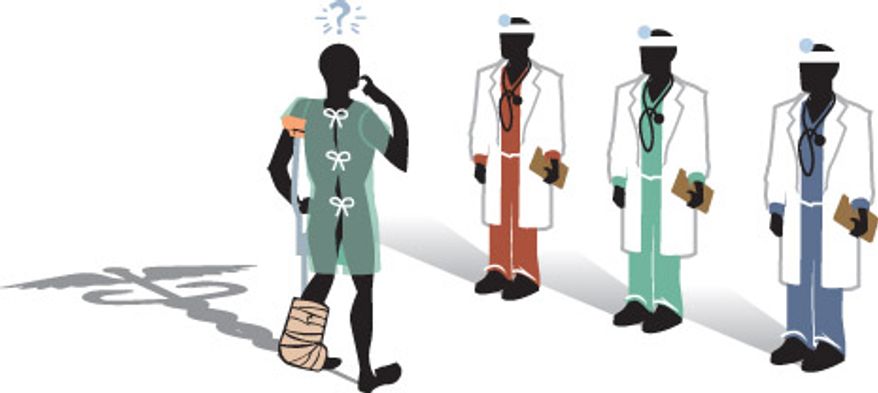Illustration: Choosing doctor coverage by Linas Garsys for The Washington Times.