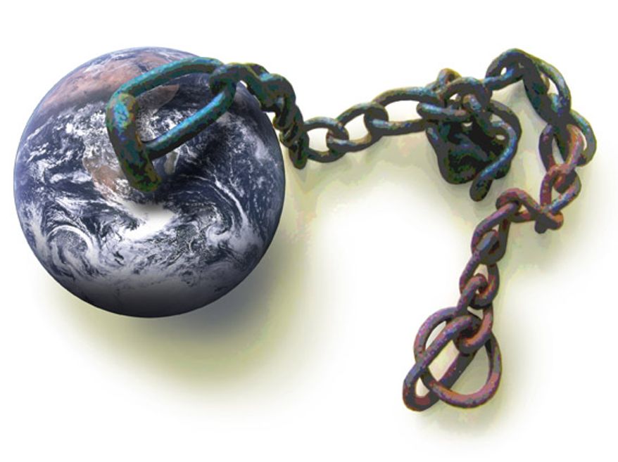 Illustration: The world in chains by Greg Groesch for The Washington Times.