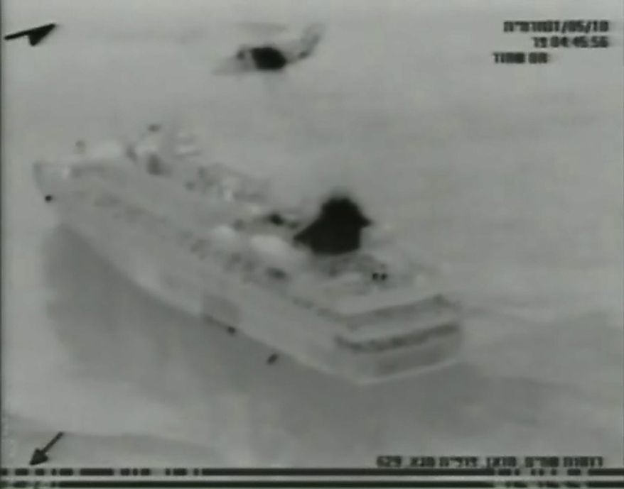 This image made from video provided by the Israeli Defence Force on Monday, May 31, 2010 shows what the IDF says is the Mavi Marmara ship, part of the aid flotilla in the Mediterranean Sea. Israeli commandos rappelled down to an aid flotilla sailing to thwart a Gaza blockade on Monday, clashing with pro-Palestinian activists on the lead ship in a raid that left at least nine passengers dead. (AP Photo/Israel Defence Force) AP HAS NO WAY OF INDEPENDENTLY VERIFYING THE AUTHENTICITY OF THE VIDEO PROVIDED BY THE ISRAELI DEFENCE FORCE