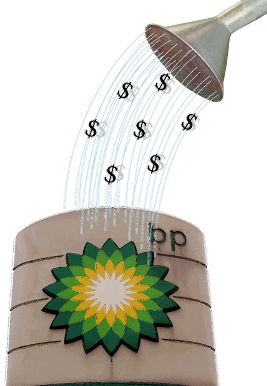 Illustration: BP money by Greg Groesch for The Washington Times