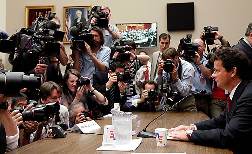 BP CEO Tony Hayward prepares to testify on Capitol Hill in Washington on Thursday, June 17, 2010, before the House Oversight and Investigations subcommittee on the role of BP in the Deepwater Horizon explosion and oil spill. (AP Photo/Alex Brandon)