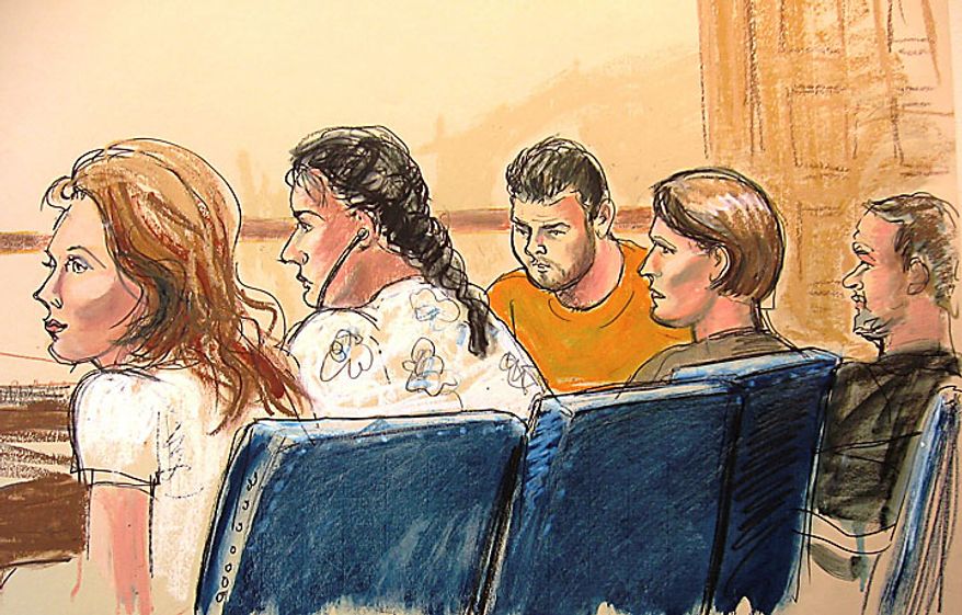 In this courtroom sketch, Anna Chapman, left, Vicky Pelaez, second from left, the defendant known as "Richard Murphy," center, the defendant known as "Cynthia Murphy," second from right, and the defendant known as "Juan Lazaro" are seen in Manhattan federal court in New York, Monday, June 28, 2010. The Murphys, Lazaro, and Pelaez are among the 10 people the FBI arrested Monday for allegedly serving for years as secret agents of Russia's intelligence organ, the SVR, with the goal of penetrating U.S. government policymaking circles. (AP Photo/Elizabeth Williams)