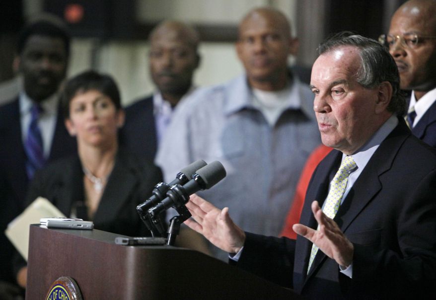 Chicago Mayor Richard Daley speaks during a press conference, Thursday, July 1, 2010 in Chicago. Daley introduced what the city says is the most comprehensive gun ordinance in the United States. Daley said the ordinance would include a ban on gun shops in the city and prohibit guns from anywhere except inside the owner's home. That would mean owners couldn't bring a gun into a garage, yard or porch. The ordinance would bar gun ownership for anyone convicted of a violent crime or with two or more convictions for drunken driving. (AP Photo/M. Spencer Green)