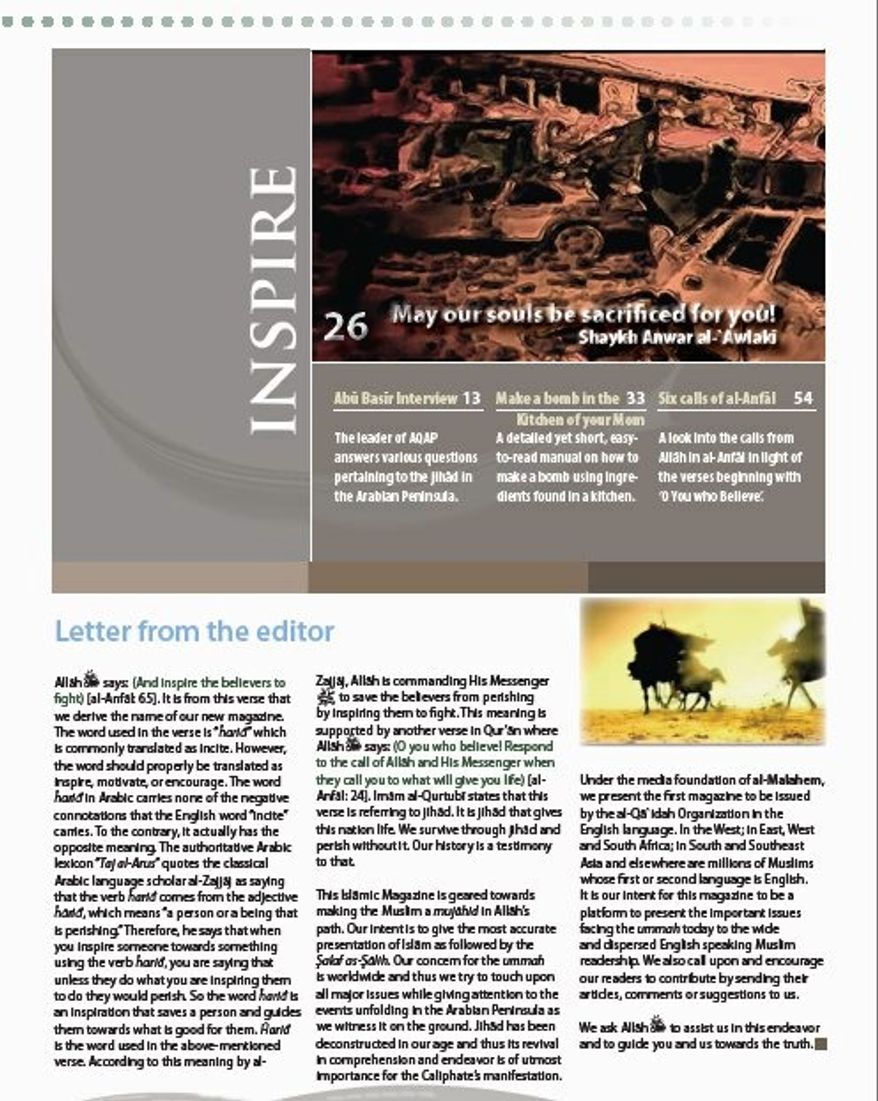 A page of Inspire, a new online recruitment tool for jihadists that touts itself as the first magazine to be issued by al Qaeda in English. Due to technical glitches, only its first three pages are available.
