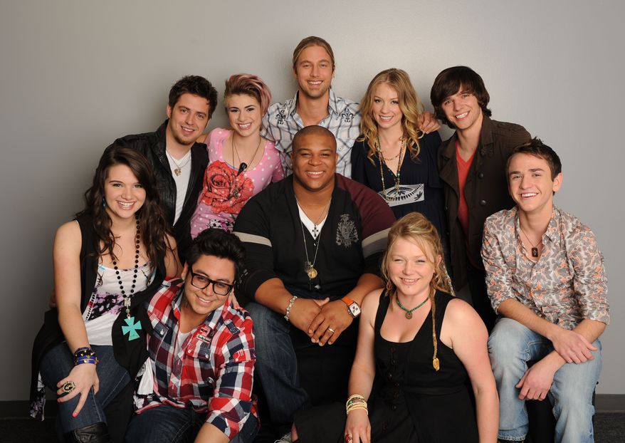In this publicity image released by Fox, the final ten contestants in season nine's "American Idol," clockwise from bottom right, Aaron Kelly, Crystal Bowersox, Michael Lynche, Andrew Garcia, Katie Stevens, Lee Dewyze, Siobhan Magnus, Casey James, Didi Benami and Tm Urban are shown in Los Angeles. CBS, NBC, ABC and Fox together had the smallest number of prime-time viewers last week in two decades of record-keeping, the Nielsen Co. said. (AP Photo/Fox, Michael Becker)