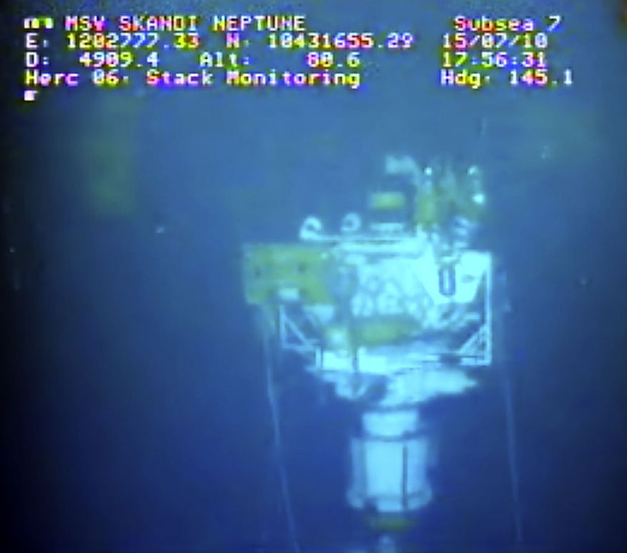 This image taken from video provided by BP PLC at 17:56 CDT shows that oil has stopped flowing from the new 75-ton cap atop the site of the Deepwater Horizon oil spill in the Gulf of Mexico Thursday, July 15, 2010. BP finally choked off the flow of oil into the Gulf of Mexico on Thursday -- 85 days and up to 184 million gallons after the crisis unfolded -- then began a tense 48 hours of watching to see whether the capped-off well would hold or blow a new leak. Engineers will monitor pressure gauges and watch for signs of leaks elsewhere in the well. (AP Photo/BP PLC)