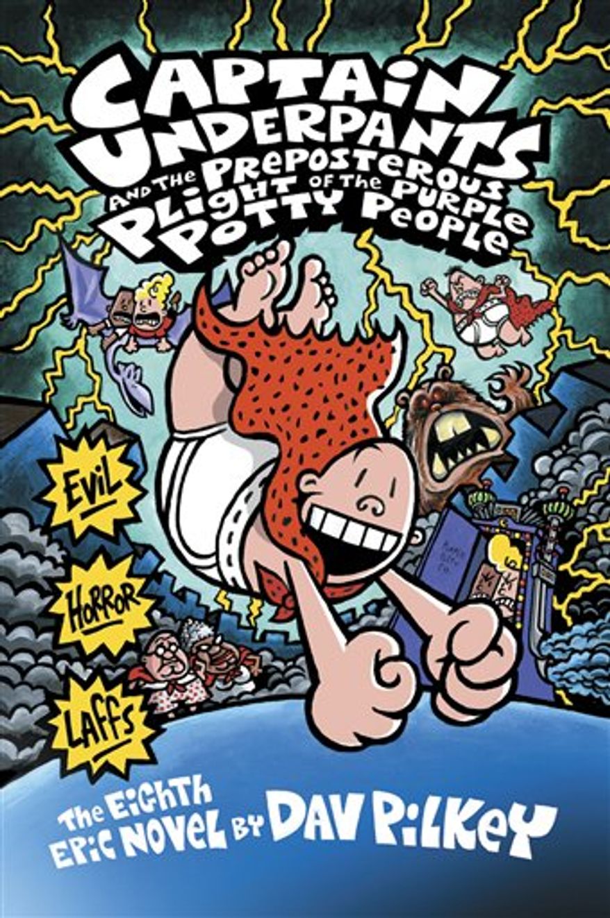 This book cover provided by The Blue Sky Press/Scholastic shows the cover of "Captain Underpants and the Preposterous Plight of the Purple Potty People," by Dav Pilkey. Boys have lagged behind girls in reading achievement for more than 20 years, but the gender gap now exists in nearly every state and has widened to mammoth proportions _ as much as 10 percentage points in some, according to the Center on Education Policy. (AP Photo/The Blue Sky Press/Scholastic) NO SALES