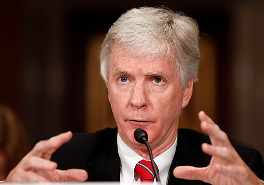 Ryan Crocker, dean and executive professor at the George Bush School of Government and Public Service, testifies Tuesday on Capitol Hill before the Senate Foreign Relations Committee hearing on Afghanistan. (AP Photo/Alex Brandon)