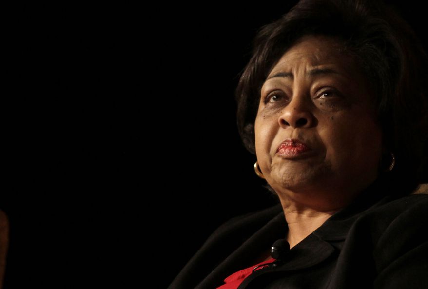 Ousted Agriculture Department employee Shirley Sherrod speaks during a panel discussion at the annual convention of the National Association of Black Journalists on Thursday, July 29, 2010, in San Diego. Mrs. Sherrod said she will sue conservative blogger Andrew Breitbart, who last week posted an edited video of her making racially tinged remarks. In the full speech, Mrs. Sherrod spoke of racial reconciliation and lessons she learned after initially hesitating to help a white farmer save his home. (AP Photo/Gregory Bull)
