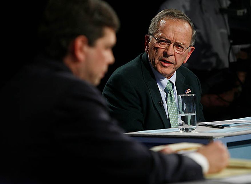 In this Oct. 30, 2008 file photo, U.S. Sen. Ted Stevens, R-Alaska , right, answers a question from Democrat candidate Anchorage Mayor Mark Begich during a congressional debate in Anchorage, Alaska. Stevens, an uncompromising advocate for Alaska for four decades who delivered scores of expensive projects to one of the nation's most sparsely populated states, died in a plane crash on Monday, Aug. 9, 2010 at the age of 86. Family spokesman Mitch Rose says Stevens was among the victims of a crash outside Dillingham, Alaska about 325 miles southwest of Anchorage. (AP Photo/Al Grillo, File)
