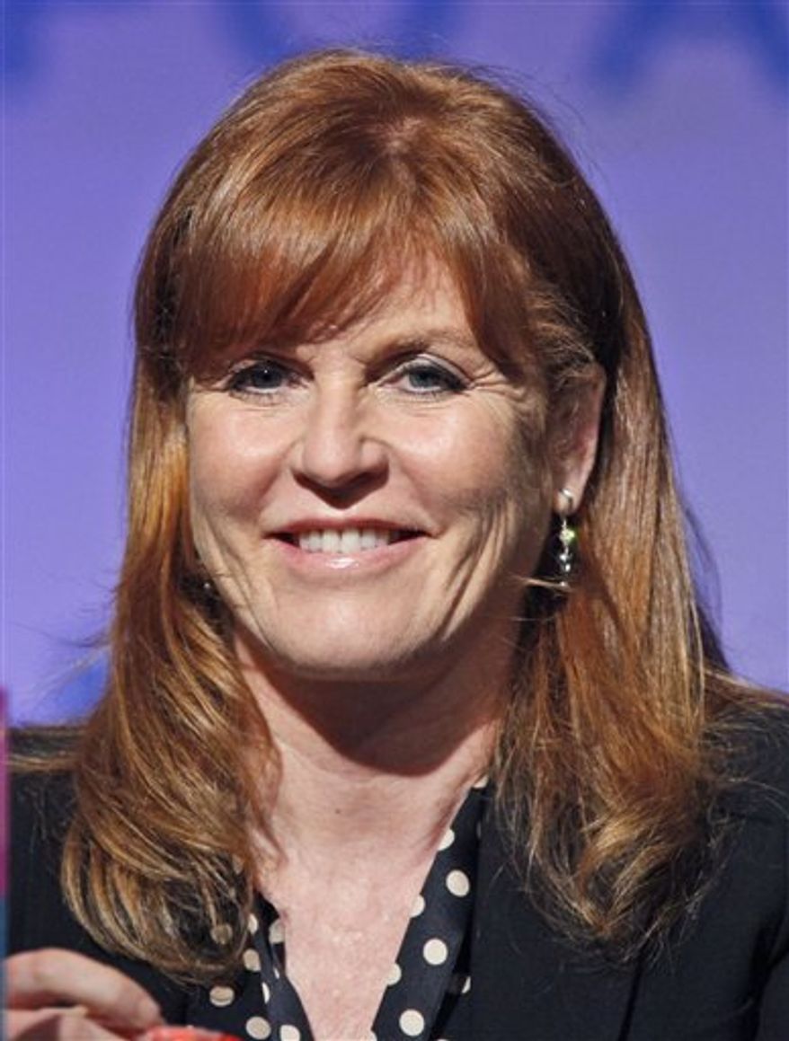 FILE - In this May 26, 2010 file photo, Sarah Ferguson, Duchess of York, speaks at the Book Expo America in New York. (AP Photo/Seth Wenig, file)