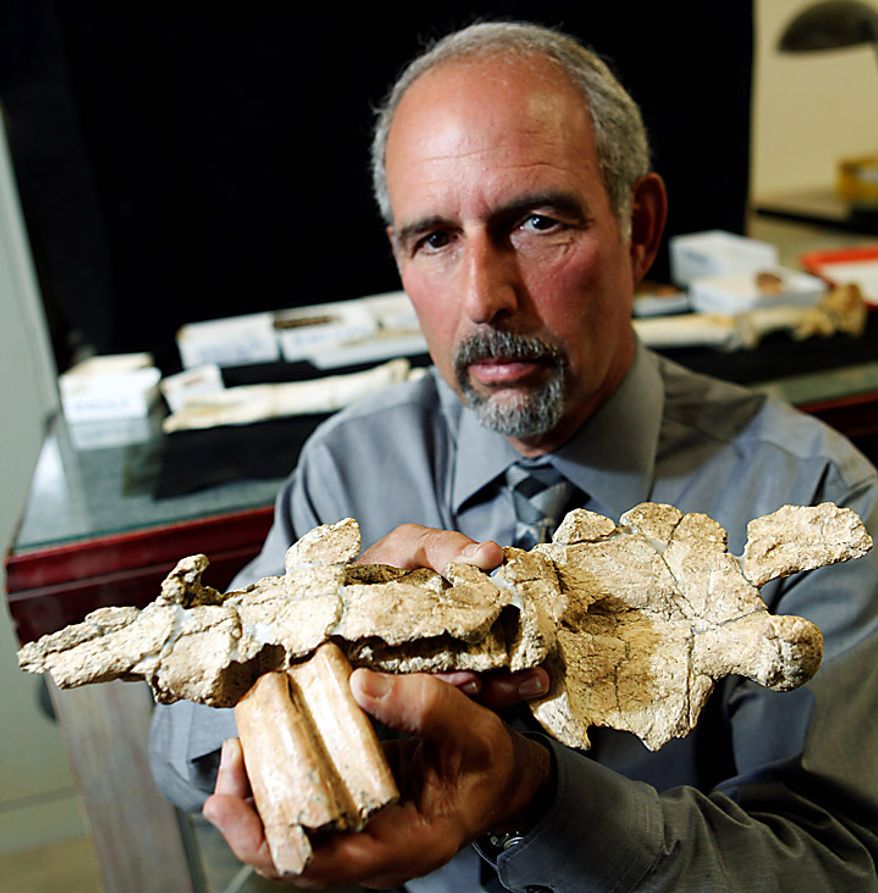 Rick Greenwood, director of Corporate Environment, Health and Safety for Southern California Edison, holds the fossilized jawbone and two teeth of a giant sloth, in Riverside, Calif., Monday, Sept. 20, 2010. Utility workers preparing to build a new substation in an arid canyon southeast of Los Angeles stumbled on a trove of animal fossils dating back 1.4 million years that researchers say will fill in blanks in Southern California's history. (AP Photo/Reed Saxon)