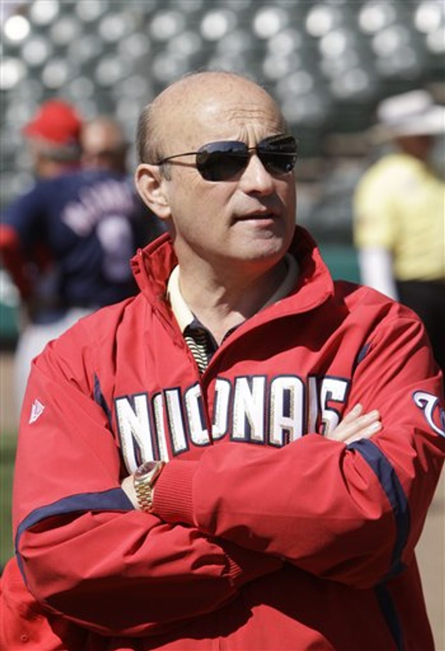 FILE - This March 5, 2010, file photo shows Washington Nationals President Stan Kasten before a spring training baseball game against the Atlanta Braves, in Kissimmee, Fla. Stan Kasten says he will resign as president of the Washington Nationals at the end of the season. Kasten's announcement Thursday, Sept. 23, 2010, comes with the Nationals headed toward a third consecutive last-place finish in the NL East.(AP Photo/Rob Carr, File)