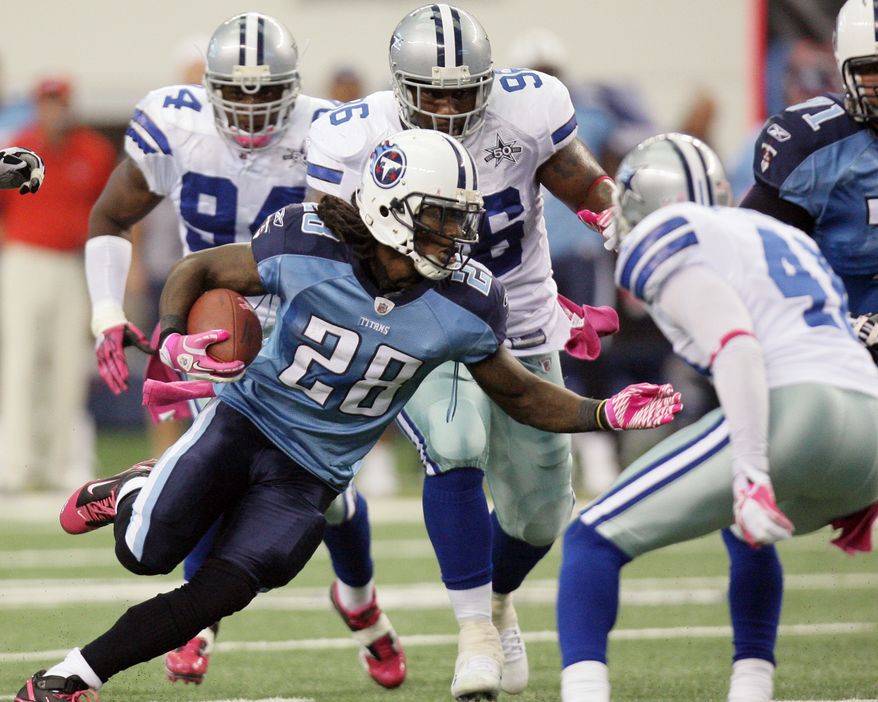 ASSOCIATED PRESS Tennessee Titans running back Chris Johnson (28) runs against the Dallas Cowboys defense during the first half of an NFL football game Sunday, Oct. 10, 2010, in Arlington, Texas.