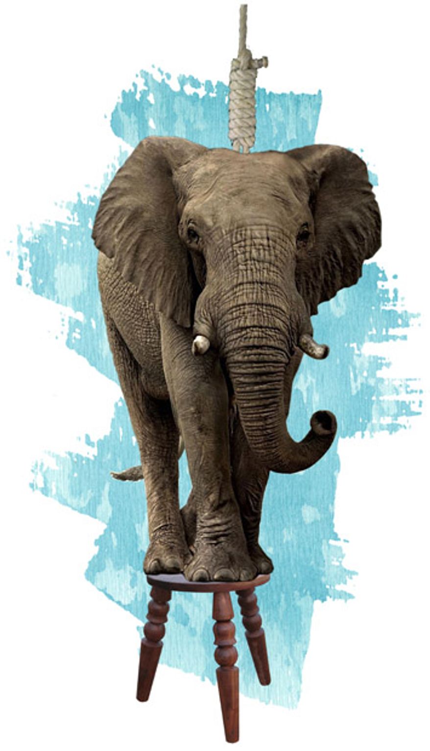 Illustration: Hanging elephant by Greg Groesch for The Washington Times