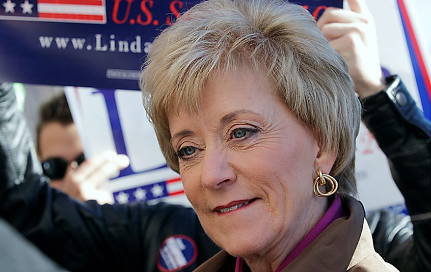 Connecticut Republican U.S. Senate candidate Linda McMahon listens to a question during a campaign stop at the University of Connecticut in Storrs, Monday, Nov. 1, 2010. (AP Photo/Charles Krupa)