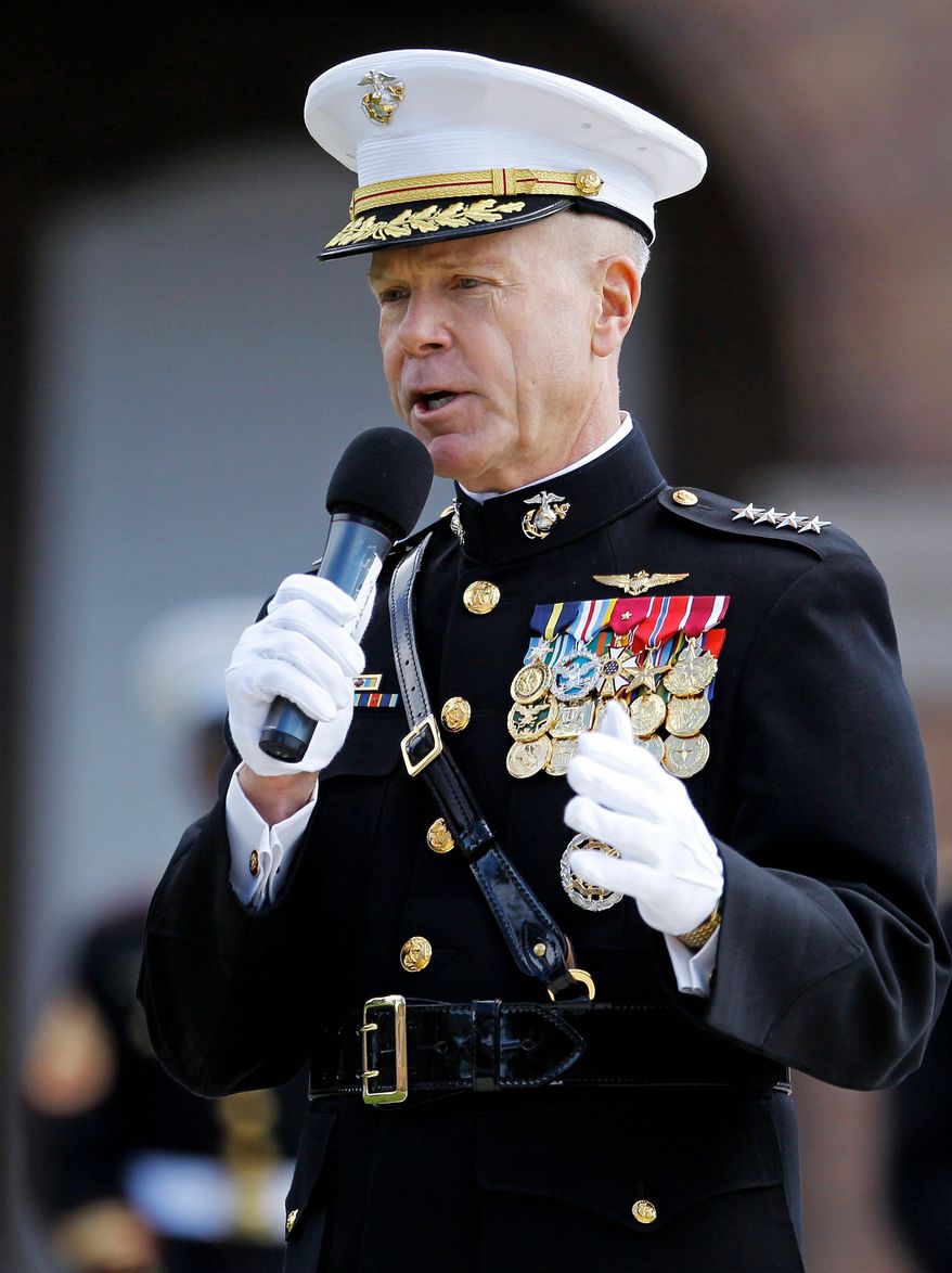 Gen. James F. Amos, the new commandant of the Marine Corps, fears the impact on unit cohesion and combat effectiveness of repealing "don't ask, don't tell." (Associated Press)