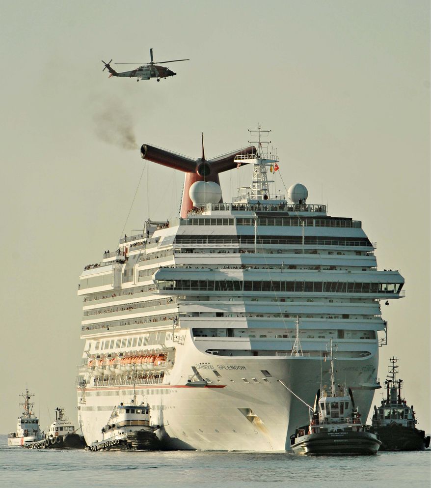 ** FILE ** Tugboats guide the disabled cruise ship Carnival Splendor into San Diego Bay. The luxury liner, which lost power with nearly 4,500 passengers and crew aboard, was towed from the Pacific Ocean off the coast of Mexico. (Associated Press)