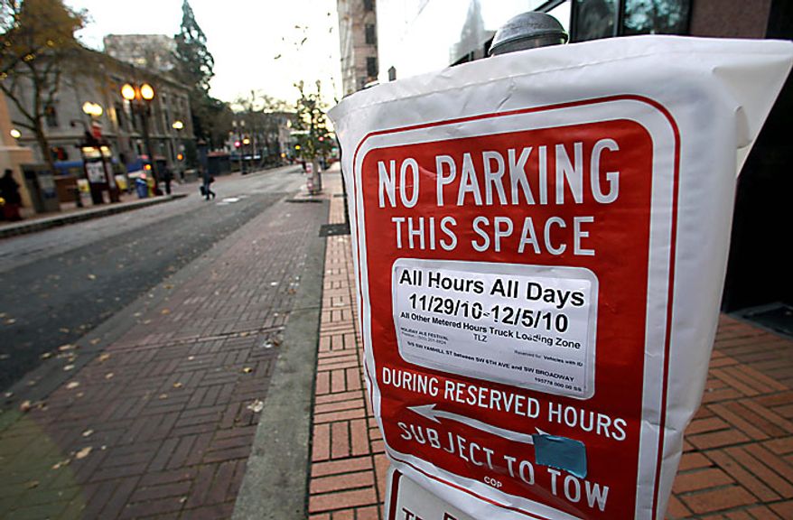 An empty parking space is shown near Pioneer Courthouse Square, Monday, Nov. 29, 2010, in Portland, Ore. Terror suspect Mohamed Osman Mohamud and an FBI operative parked a van full of dummy explosives in this space on Southwest Yamhill Street across from Pioneer Courthouse Square just after sundown Friday while thousands gathered in the square for the annual tree lighting. Mohamud is accused of attempting to detonate the explosives. (AP Photo/Rick Bowmer)
