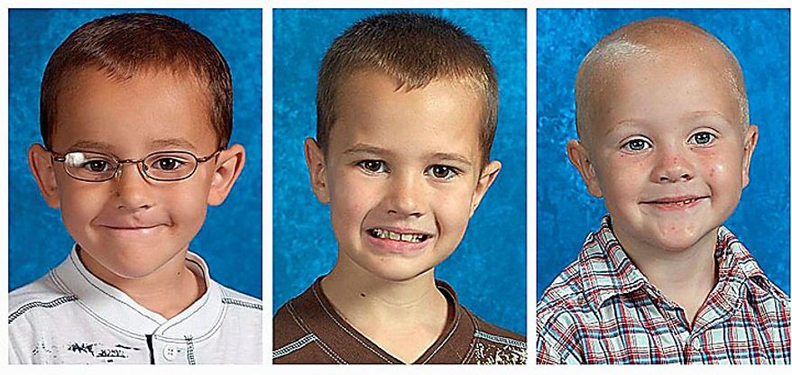 This combo made with undated photos provided by The National Center for Missing & Exploited Children shows, from left, Alexander Skelton, 7 Andrew Skelton, 9, and Tanner Skelton. 5. An Amber Alert has been issued for three boys, who haven't been seen since Thursday when they were in their father's yard. John Skelton told police that he gave the boys to a female friend before attempting suicide, but authorities say they don't believe him. (AP Photo/National Center for Missing & Exploited Children)