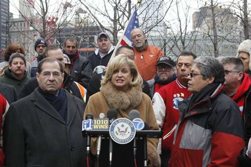 Sen. Charles Schumer, D-N.Y., second from right, gestures during a news conference on Capitol Hill in Washington, Thursday, Dec. 9, 2010, after the Senate voted down a bill to aid people who got sick after exposure to dust from the World Trade Center's collapse in the Sept. 11 attack. From left are, Sen. Christopher Coons, D-Del., Sen. Robert Menendez, D-N.J., Sen. Frank Lautenberg, D-N.J., Schumer. and Sen. Kirsten Gillibrand, D-N.Y. (AP Photo/Harry Hamburg)