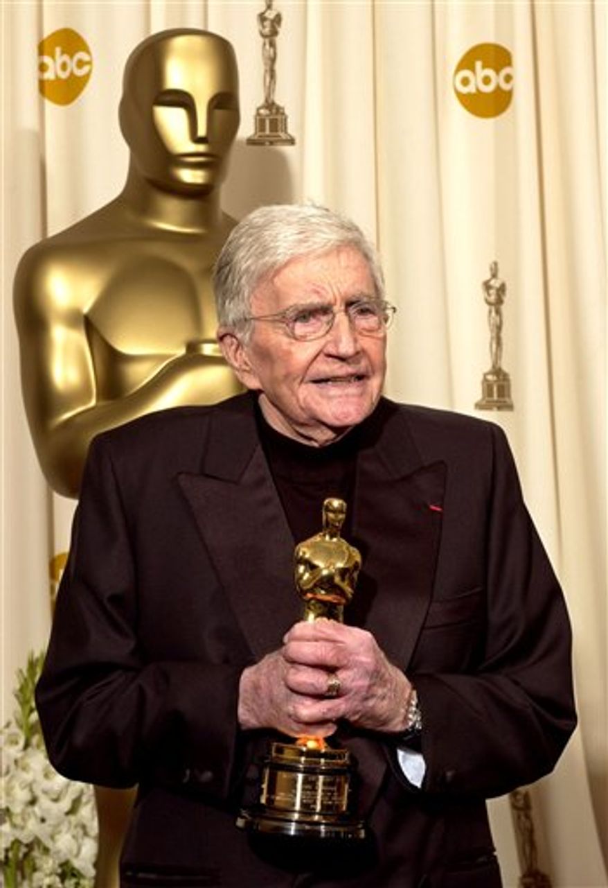 FILE - In this Feb. 29, 2004 file photo, filmmaker Blake Edwards speaks after receiving an honorary Oscar from the Academy of Motion Picture Arts and Sciences during the 76th annual Academy Awards in Los Angeles. (AP Photo/Mark J. Terrill, file)