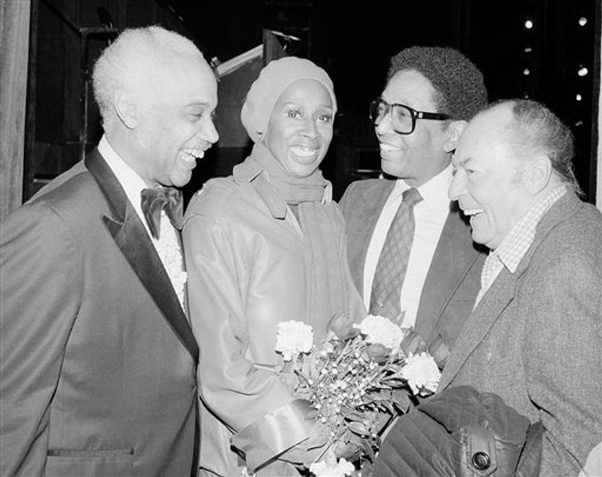 FILE - In this Feb. 17, 1981 file photo, band leader Billy Taylor, center right, joins Mercer Ellington, left; dancer Judith Jamison, second left, and band leader Woody Herman at a special Broadway preview of "Sophisticated Ladies," in New York. Taylor, a jazz pianist and composer who became one of the music form's most ardent promoters through radio, television and the landmark Jazzmobile arts venture died Tuesday, Dec. 28, 2010 in New York. He was 89. (AP Photo/Nancy Kaye, File)