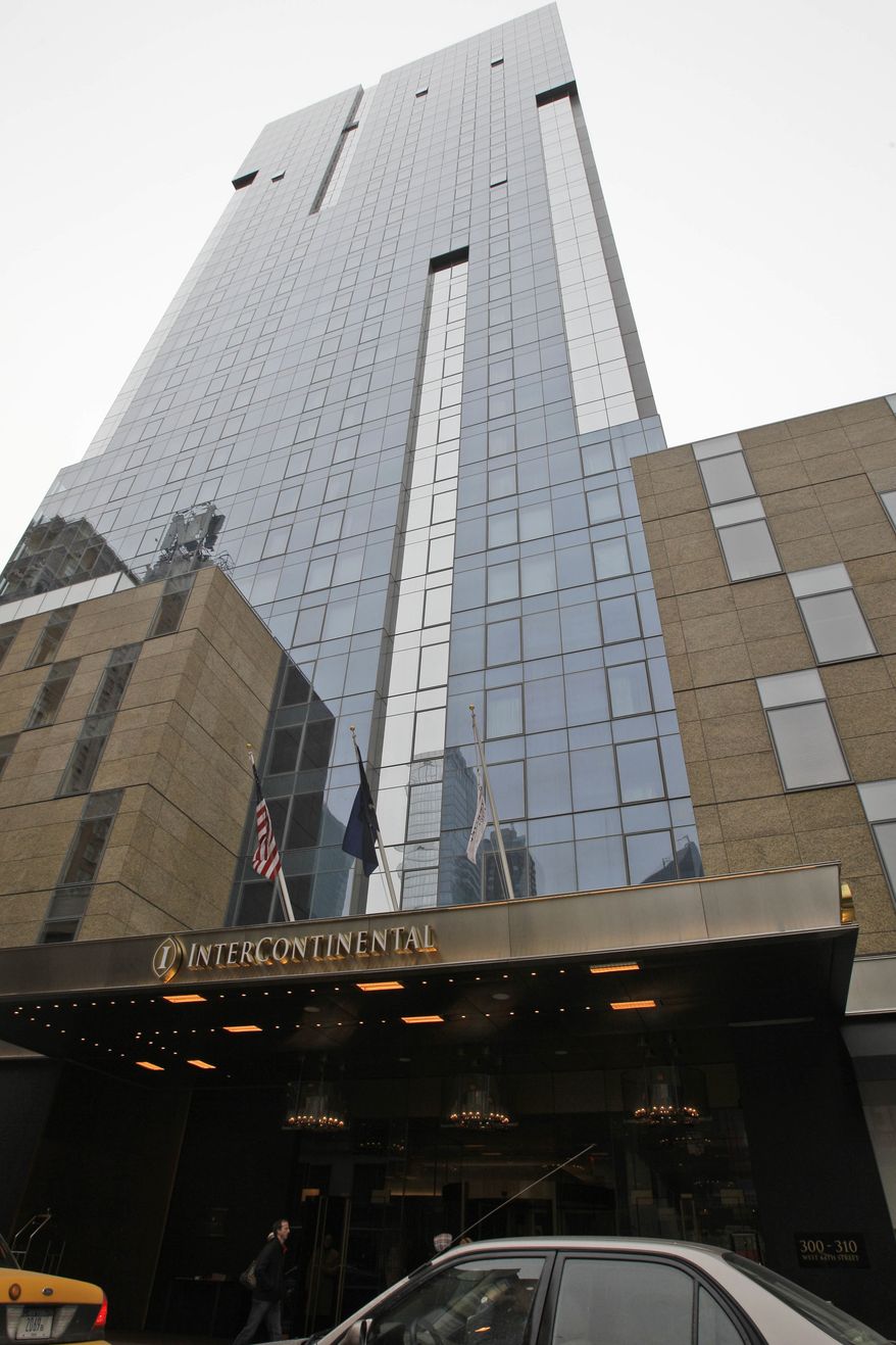 The InterContinental hotel is shown on Saturday, Jan. 8, 2011, in New York. Carlos Castro, a 65-year-old Portuguese television journalist, was found castrated and bludgeoned to death in the hotel, and his companion, a male model who had recently been a contestant on a Portuguese reality TV show, was in police custody Saturday. Workers at the hotel discovered the mutilated body at about 7 p.m. Friday after a friend of Castro became worried. (AP Photo/Frank Franklin II)