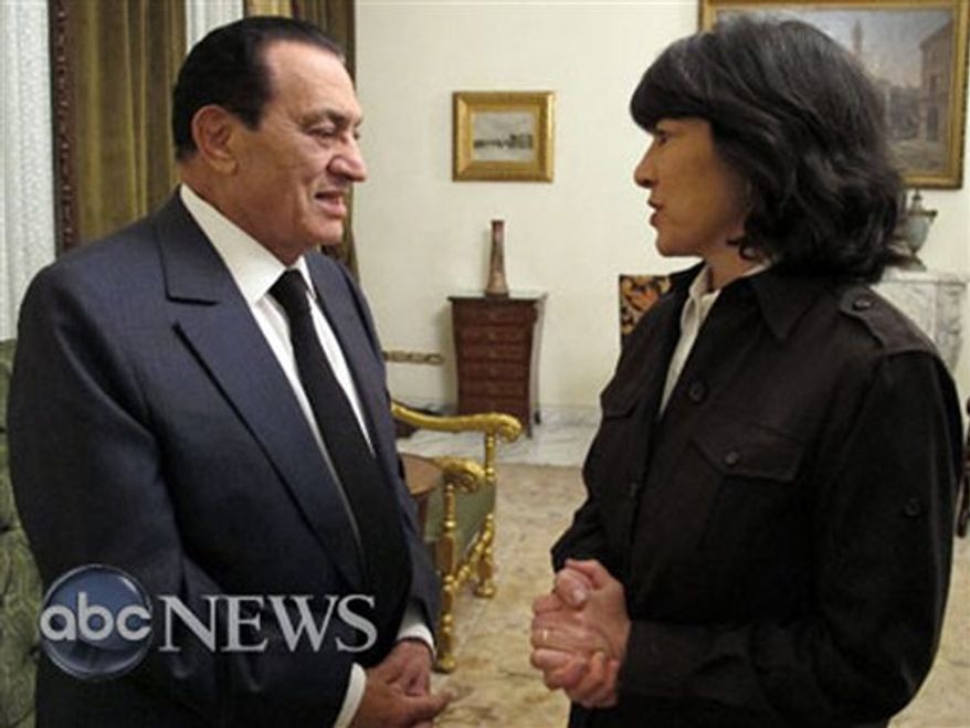 ** FILE ** ABC News journalist Christiane Amanpour (right) and Egyptian President Hosni Mubarak talk after an interview in Cairo on Thursday, Feb. 3, 2011. (AP Photo/ABC News)