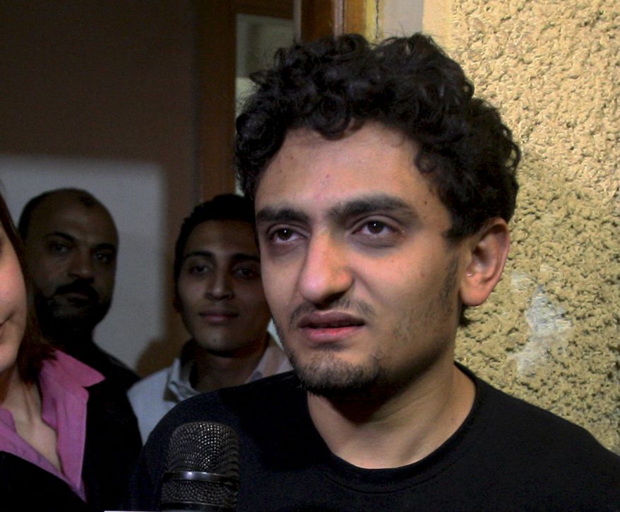Wael Ghonim, a Google Inc. marketing manager, talks at his home in Cairo on Monday, Feb. 7, 2011. Mr. Ghonim, who was held by Egyptian authorities for about 10 days over anti-government protests, was freed on Monday. (AP Photo/Ahmed Ali)