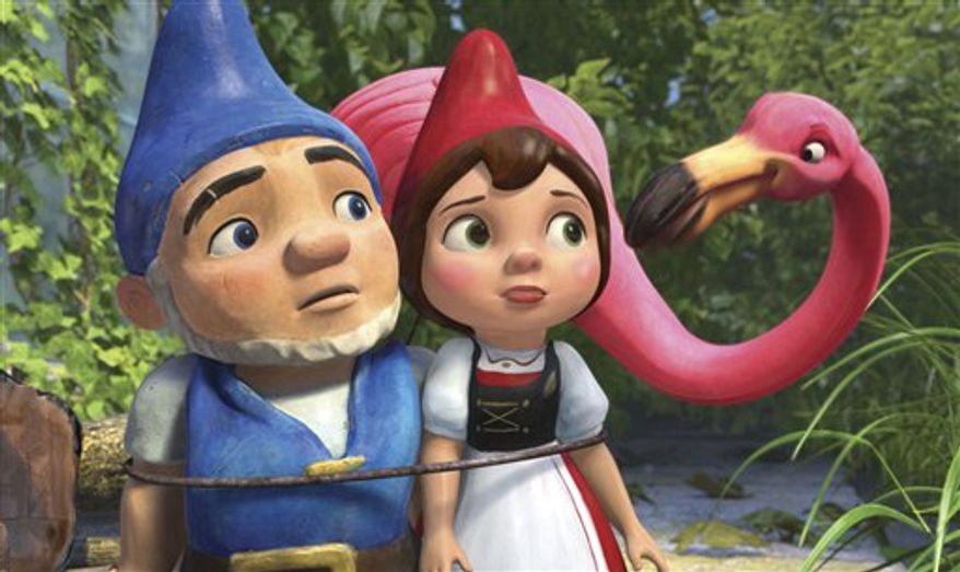 FILE - In this film publicity image released by Touchstone Pictures, Gnomeo, voiced by James McAvoy, left, and Juliet, voiced by Emily Blunt, center, and Featherstone, voiced by Jim Cummings, are shown in a scene from "Gnomeo and Juliet." Walt Disney's "Gnomeo & Juliet," an animated 3-D twist on "Romeo and Juliet," took in $14.2 million in its third week of release, leading the box office on Oscar weekend, according to studio estimates Sunday, Feb. 27, 2011. (AP Photo/Touchstone Pictures)