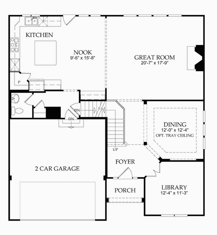 The Davenport model has an open great room and center-island kitchen on the main level along with a library and a formal dining room. Upstairs are four bedrooms and three full baths.