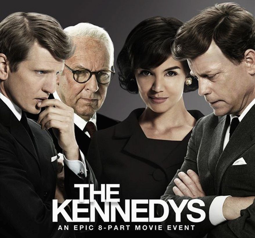 From left, Barry Pepper, Tom Wilkinson, Katie Holmes and Greg Kinnear star in "The Kennedys," beginning April 3 on Reelz Channel. (www.reelzchannel.com)