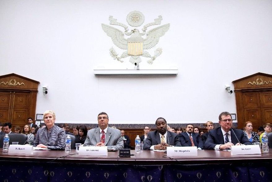 From left, Janet Barresi, Oklahoma superintendent of public instruction; Gary Amoroso, Lakeville, Minn., schools superintendent; Yohance Maqubela, CFO of Howard University Middle School of Math and Science; and Terry Grier, superintendent of Houston Independent School District, testify Thursday before a House panel on education reform. Mr. Grier said that lawmakers must find a "careful blend of accountability with flexibility" in those reforms. (Associated Press)
