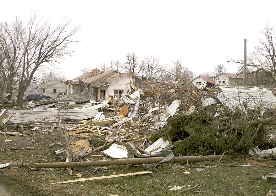 A wide tornado whipped through Mapleton, Iowa, on Saturday evening, destroying 12 to 15 blocks of the small town in the state's northwest. (AP Photo/Sioux City Journal, Jim Lee)