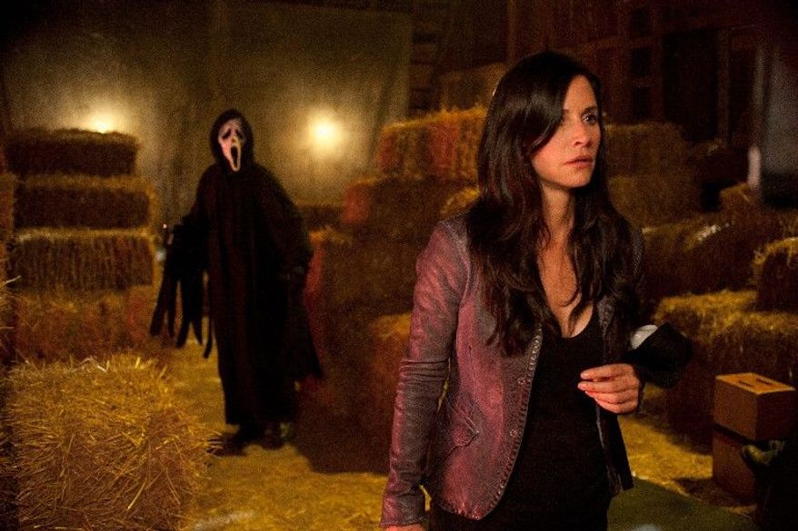 Courteney Cox's former news reporter Gale Weathers-Riley is terrified by a new mask-wearing serial killer in Wes Craven's horror film "Scream 4." Ms. Cox reunites with co-stars Neve Campbell and David Arquette in the sequel. (Associated Press)