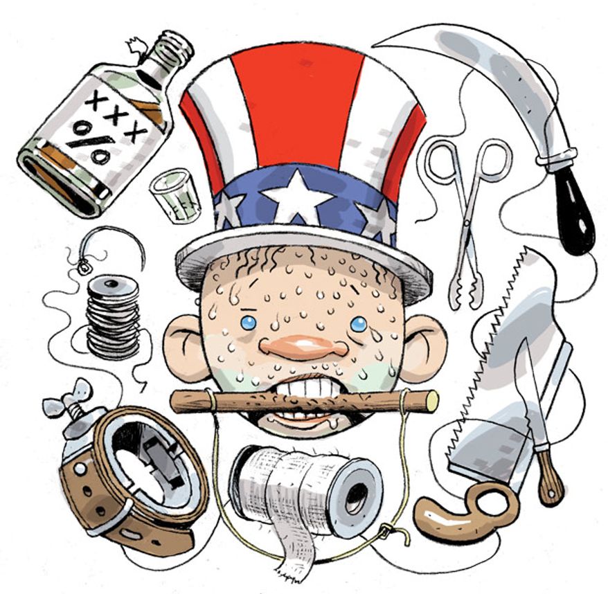 Illustration: No pain, no gain by Alexander Hunter for The Washington Times