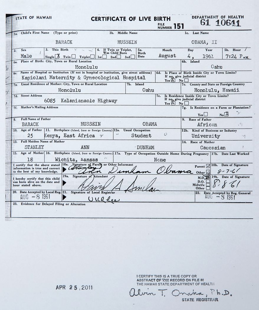 This handout image provided by the White House shows a copy of the long form of President Obama's birth certificate from Hawaii. (Associated Press)