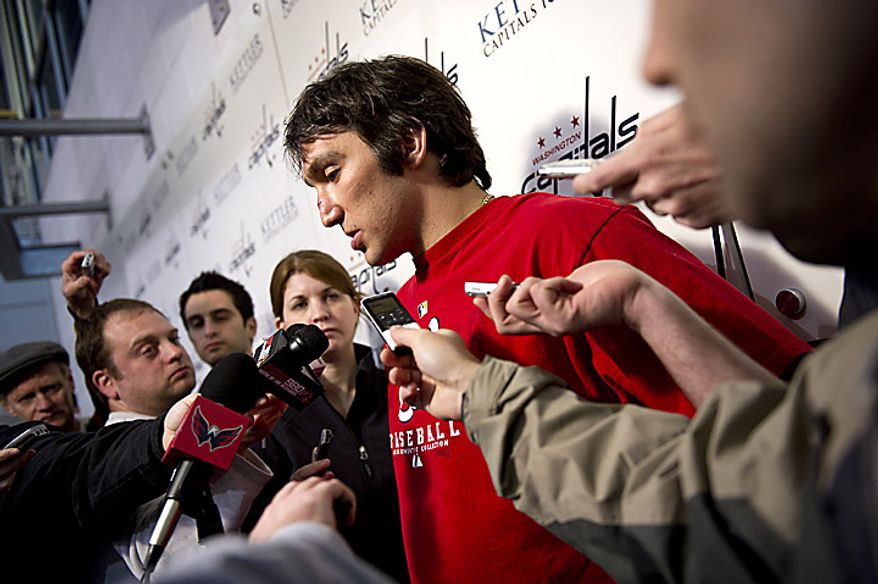 Capitals player Alex Ovechkin talks with the media at the Kettler Ice Complex in Arlington on Thursday, May 5, 2011. (Drew Angerer/The Washington Times)