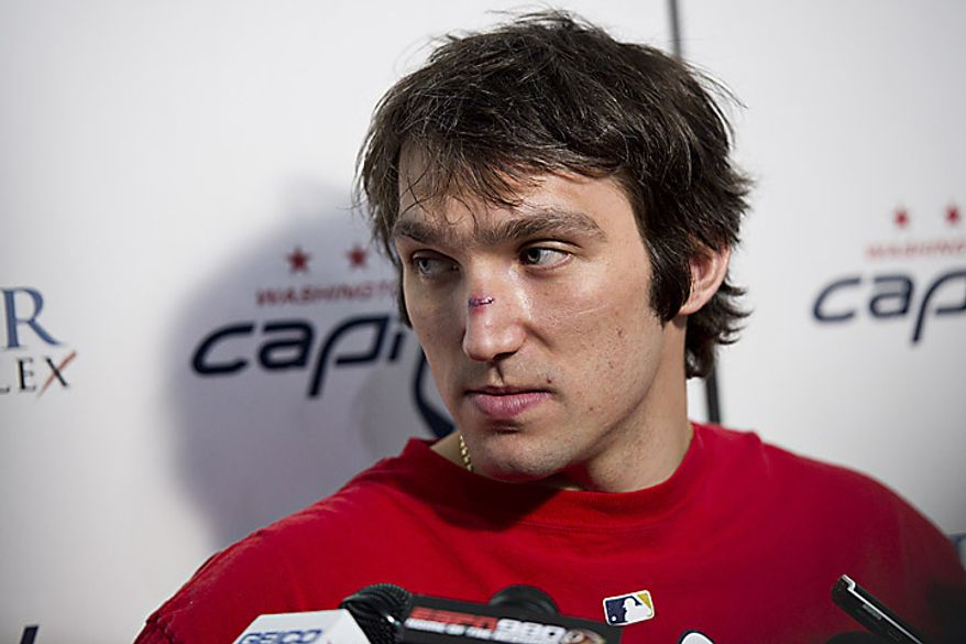 Capitals player Alex Ovechkin talks with the media at the Kettler Ice Complex in Arlington on Thursday, May 5, 2011. (Drew Angerer/The Washington Times)