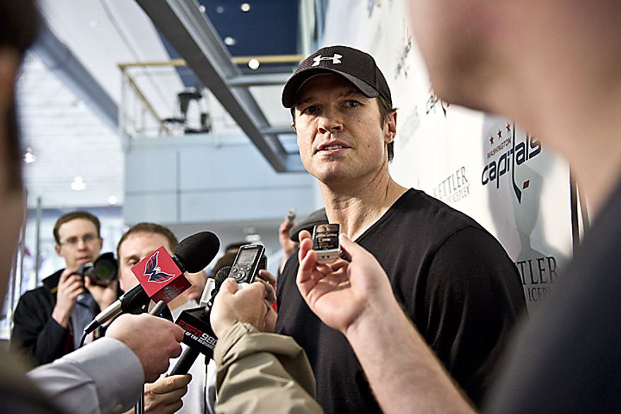 Capitals player Jason Arnott talks with the media at the Kettler Ice Complex in Arlington on Thursday, May 5, 2011. (Drew Angerer/The Washington Times)