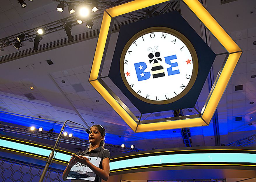 Shruti Anant, 12, of Centreville, Va., correctly spells "fistiana" during Round Two of the Scripps Howard National Spelling Bee on Wednesday, June 1, 2011. Two hundred and seventy-five spellers from around the country competed in rounds two and three, which were held Wednesday at the Gaylord National in Oxon Hill, Md. Spellers were not eliminated during Wednesday's rounds, but rather earned points towards competing in the semifinals, which will be held tomorrow. (Barbara L. Salisbury/The Washington Times)