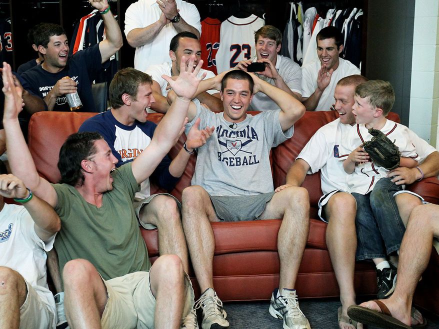 University of Virginia pitcher Danny Hultzen reacts to being selected No. 2 overall in the 2011 MLB draft in the team's clubhouse in Charlottesville, Va. (Jim Daves/Virginia Media Relations)