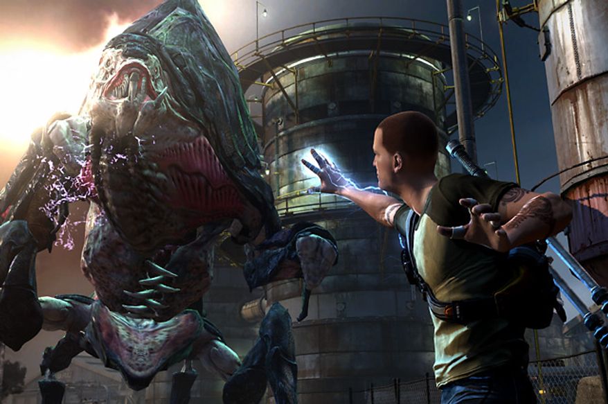 Cole MacGrath battles really large monsters in inFamous 2, a video game exclusive to the PlayStation 3.