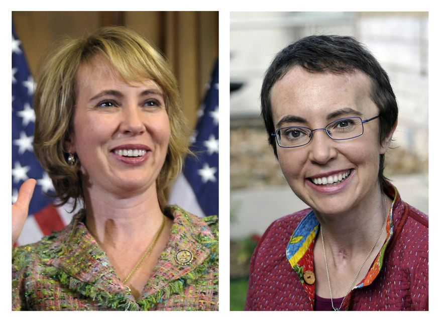 This photo combo shows Rep. Gabrielle Giffords, Arizona Democrat. At left, Giffords takes part in a reenactment of her swearing-in on Capitol Hill in Washington, on Jan. 5, 2011, three days before she was shot as she met with constituents in Tucson, Ariz. At right, Giffords is seen May 17, 2011, at TIRR Memorial Hermann Hospital in Houston, the day after the launch of space shuttle Endeavour and the day before she had her cranioplasty. (Associated Press/Susan Walsh/P.K. Weis)