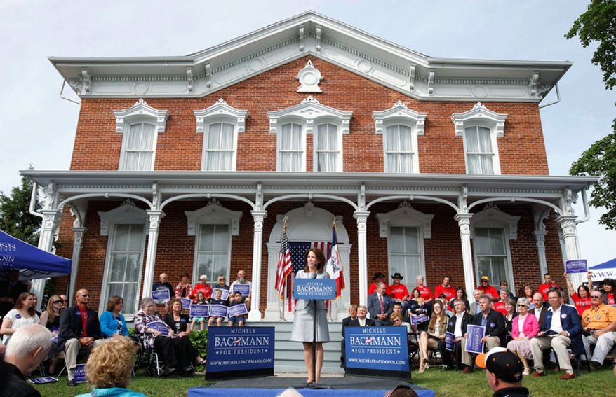 Rep. Michele Bachmann, R-Minn., speaks during her formal announcement to seek the 2012 Republican presidential nomination. Bachmann will make stops in New Hampshire and South Carolina this week. (AP Photo/Charlie Neibergall)